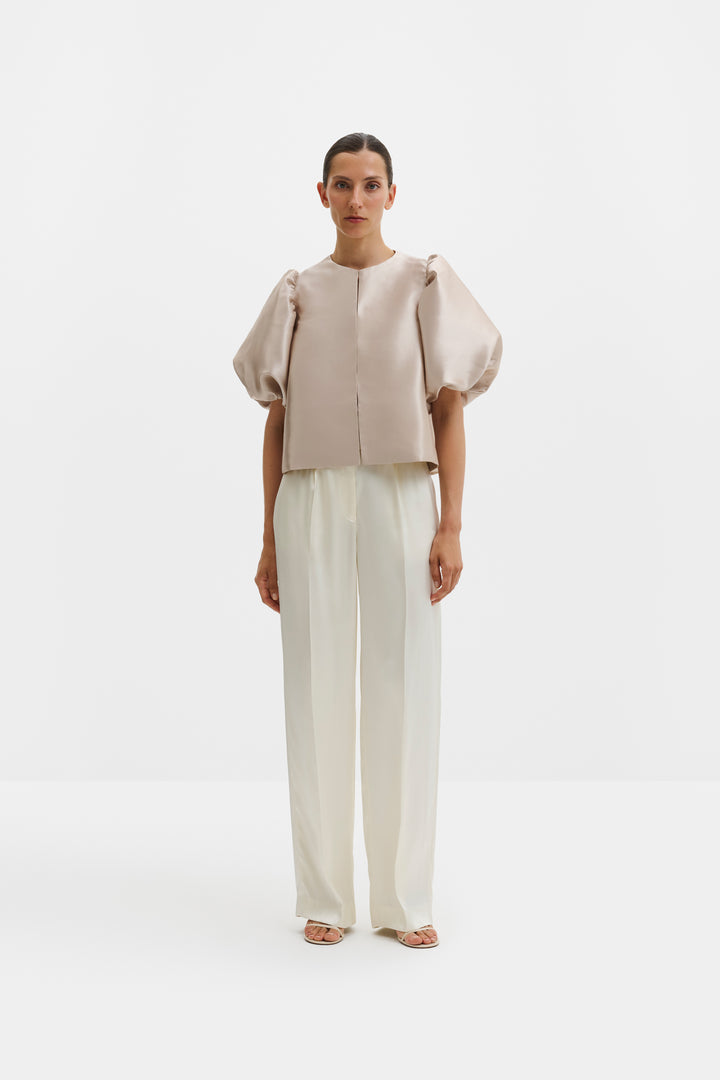 Cleo Puff-Sleeve Satin Blouse Soft Beige