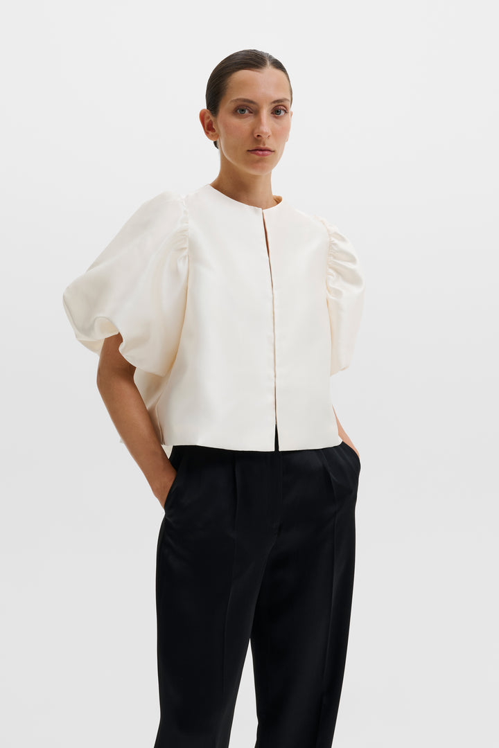 Cleo Puff-Sleeve Satin Blouse Ivory