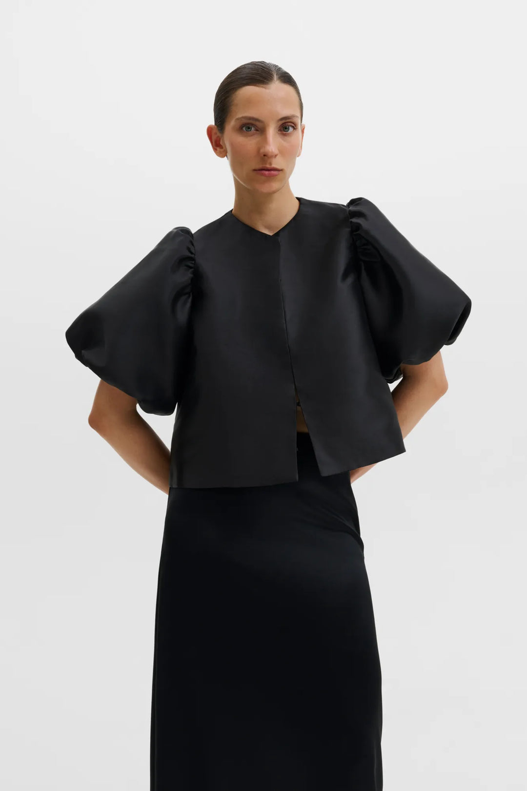 Cleo Puff-Sleeve Satin Blouse Black