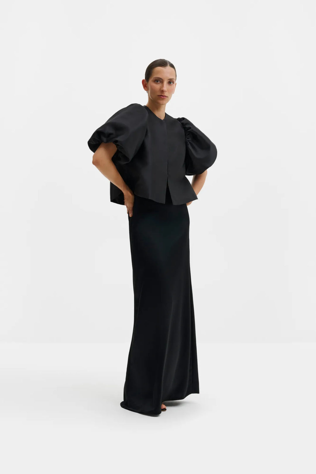 Cleo Puff-Sleeve Satin Blouse Black