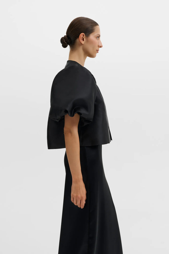 Cleo Puff-Sleeve Satin Blouse Black