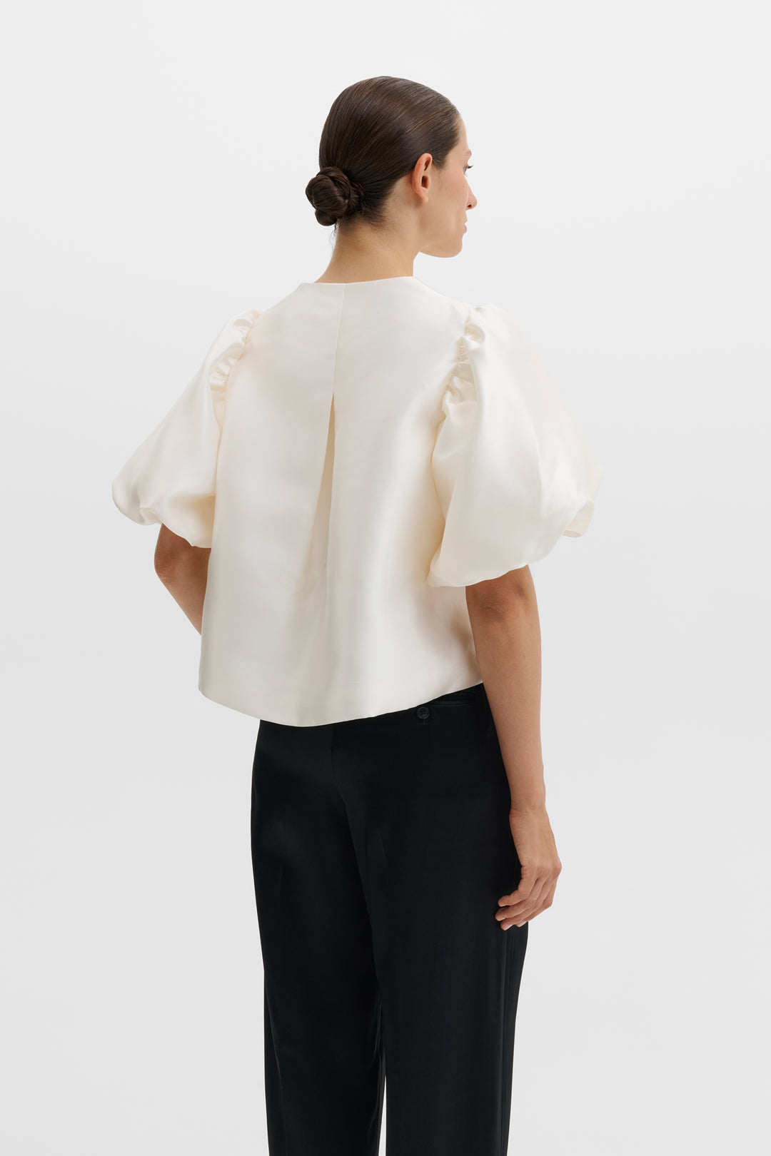 Cleo Puff-Sleeve Satin Blouse Ivory