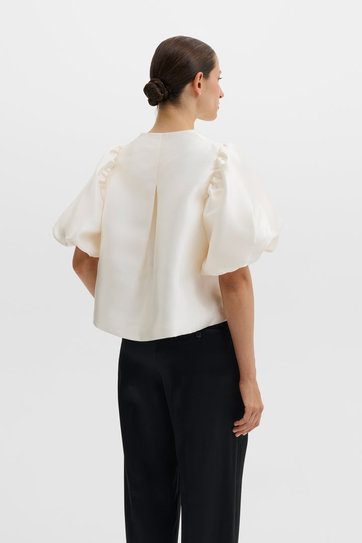Cleo Puff-Sleeve Satin Blouse Ivory