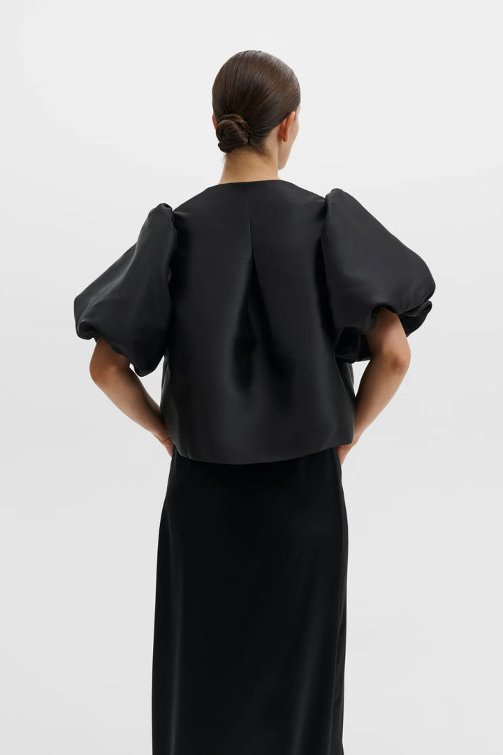 Cleo Puff-Sleeve Satin Blouse Black