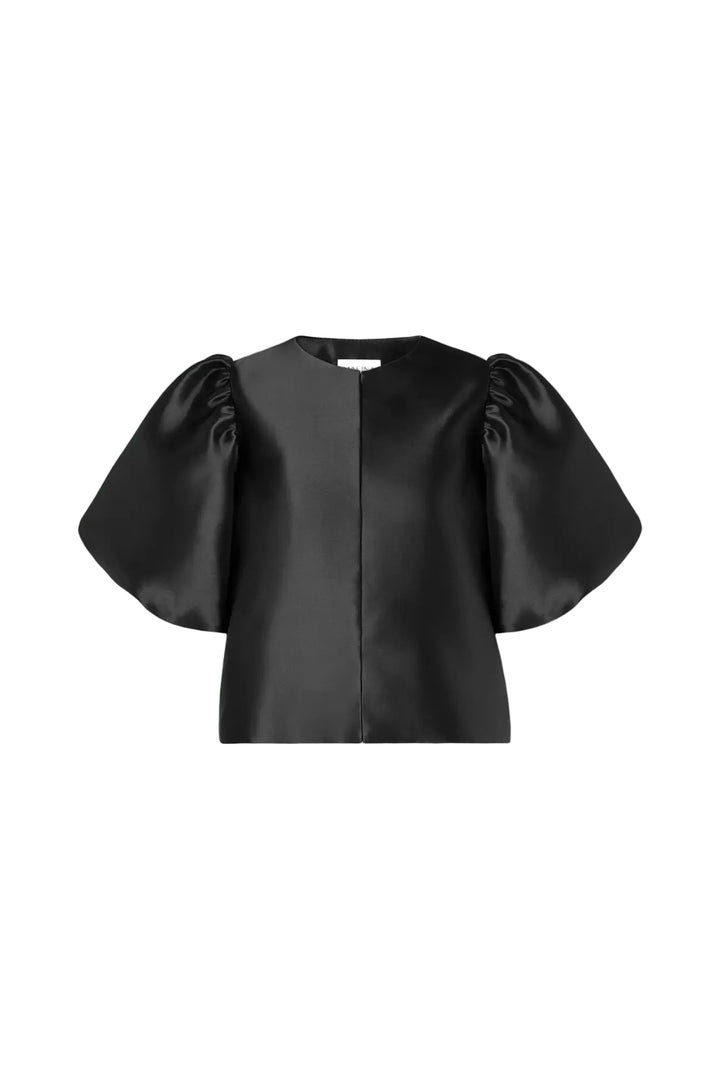 Cleo Puff-Sleeve Satin Blouse Black