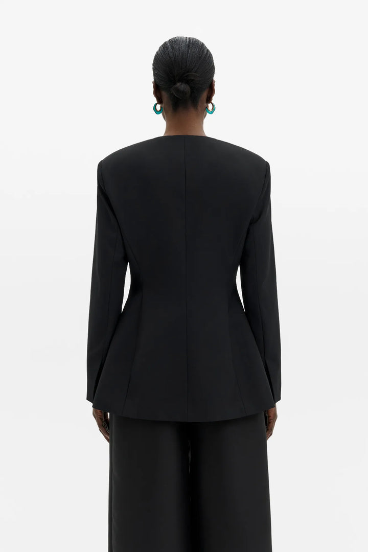 Carol Collarless Wool-Silk Evening Blazer Black