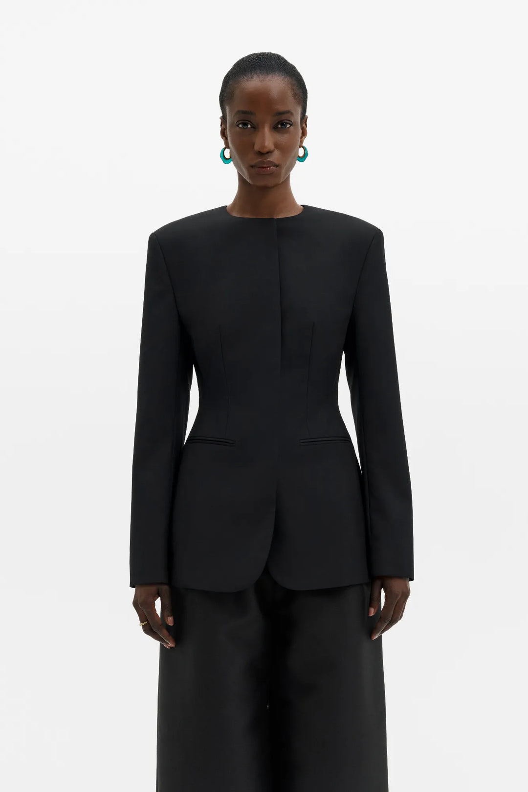 Carol Collarless Wool-Silk Evening Blazer Black