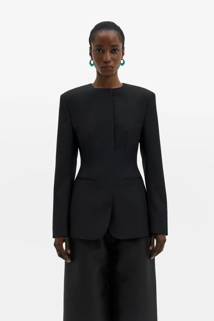 Carol Collarless Wool-Silk Evening Blazer Black