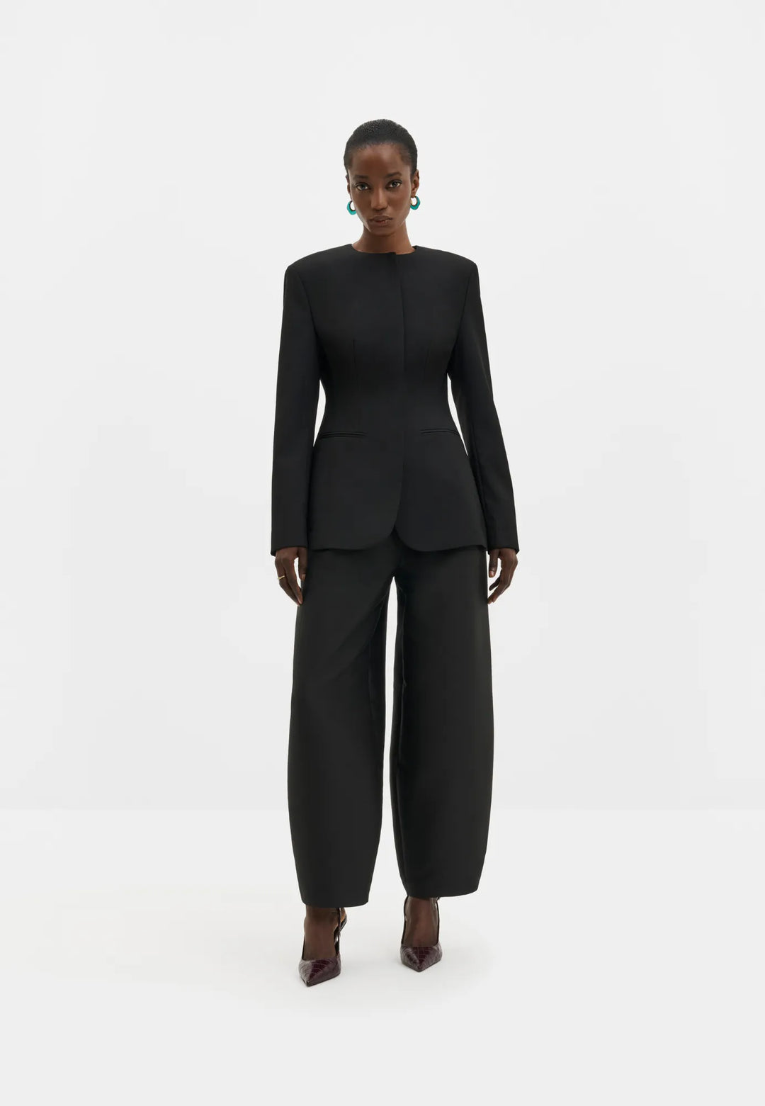 Carol Collarless Wool-Silk Evening Blazer Black