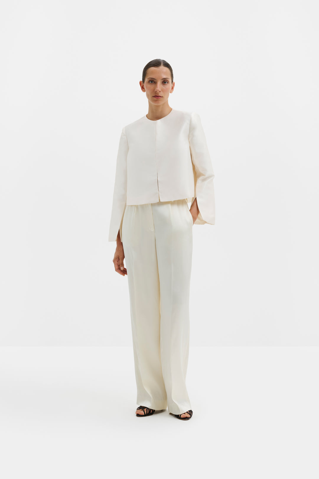 Ruthie Slit-Sleeve Satin Blouse Ivory