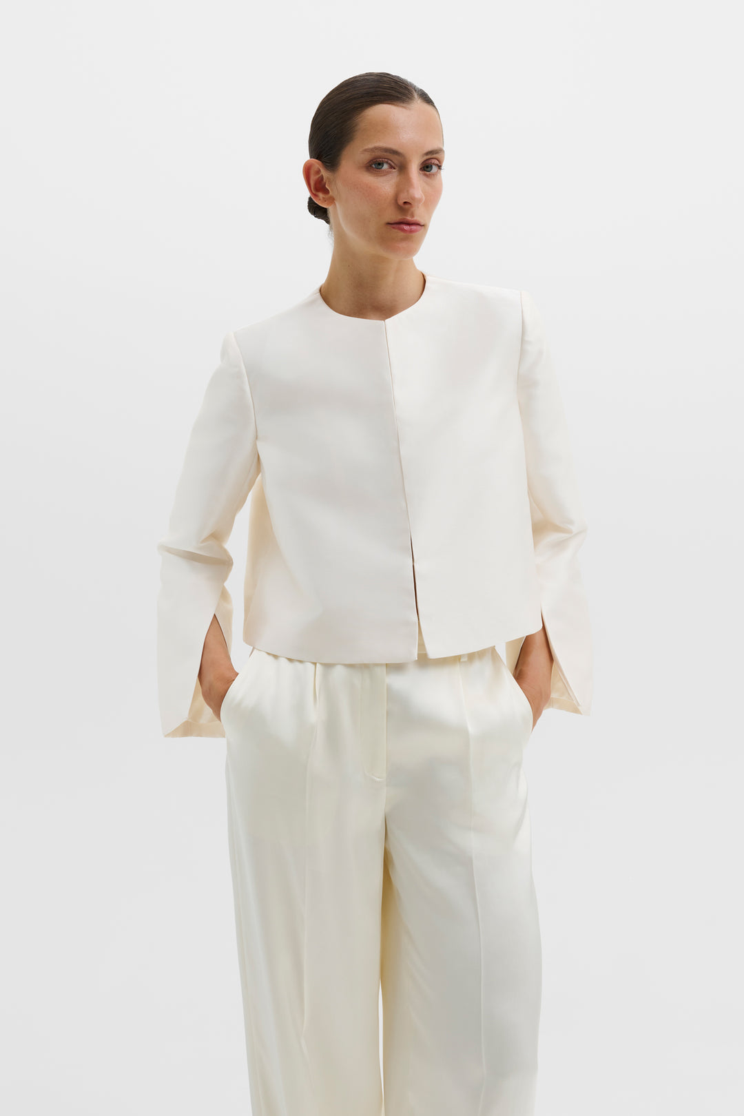 Ruthie Slit-Sleeve Satin Blouse Ivory