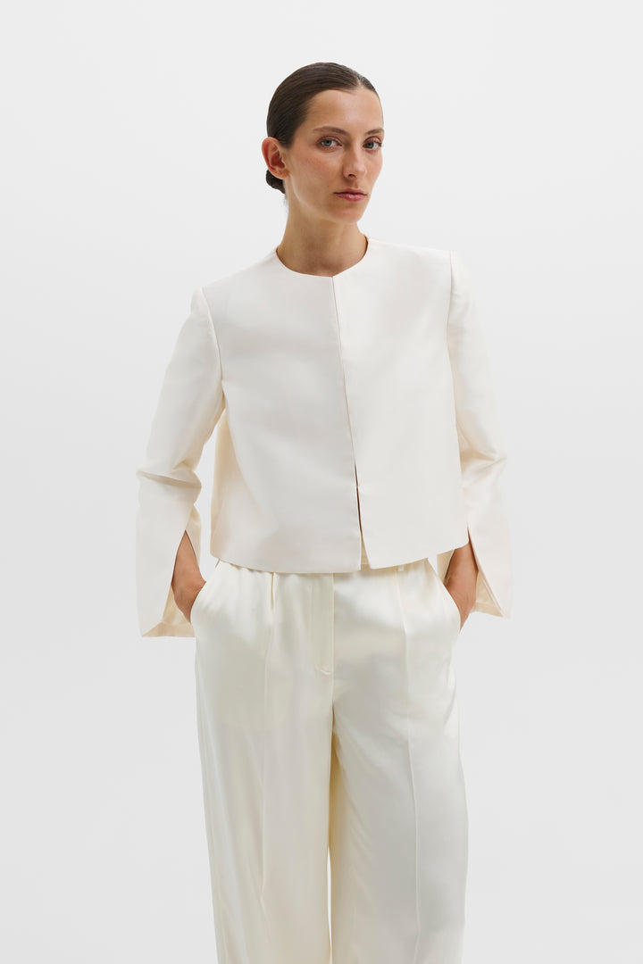 Ruthie Slit-Sleeve Satin Blouse Ivory