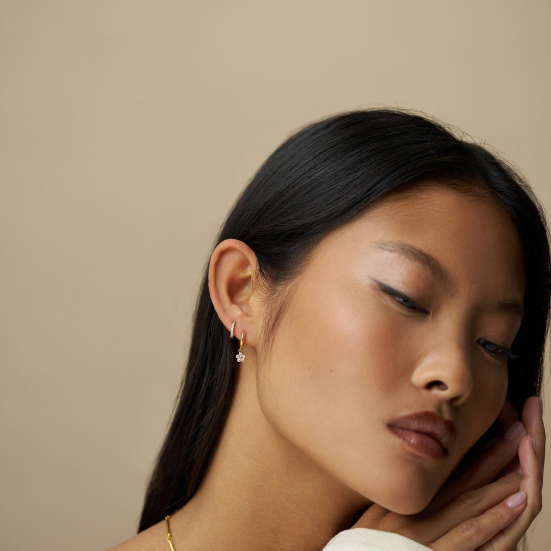 Crystal Flower Drop Huggie Hoop Earrings Pale Gold