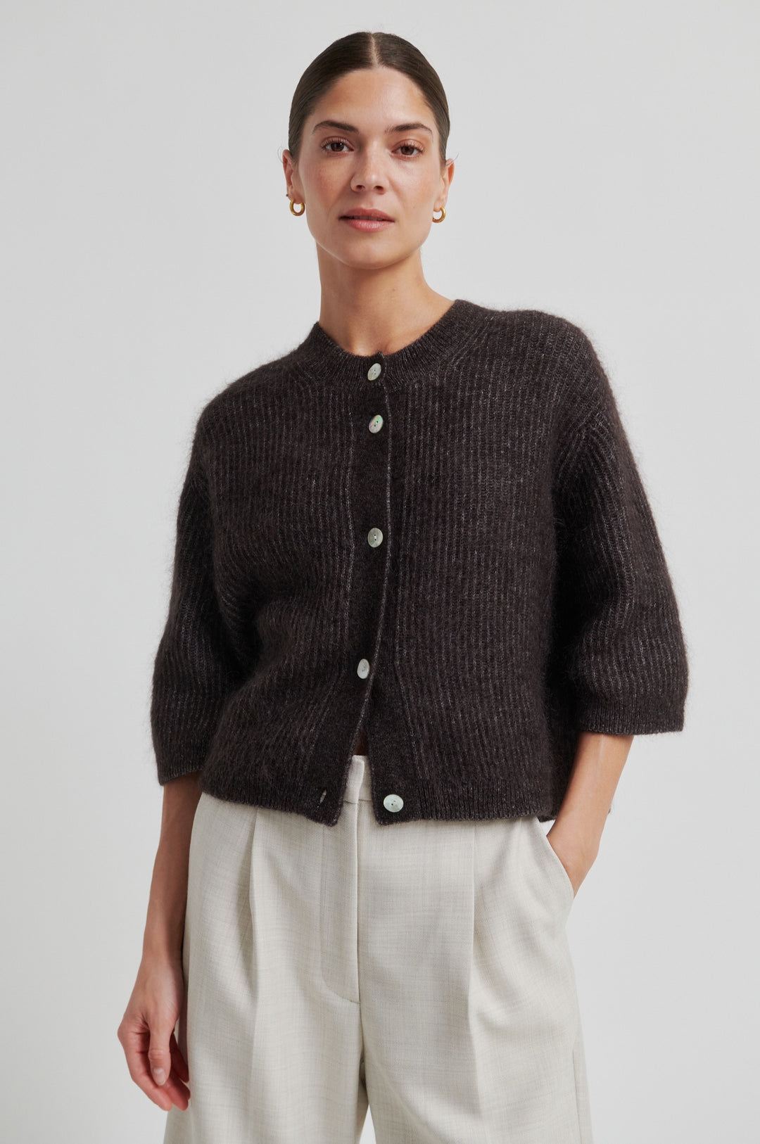 Andrea Knit Rib Cardigan Chocolate Torte