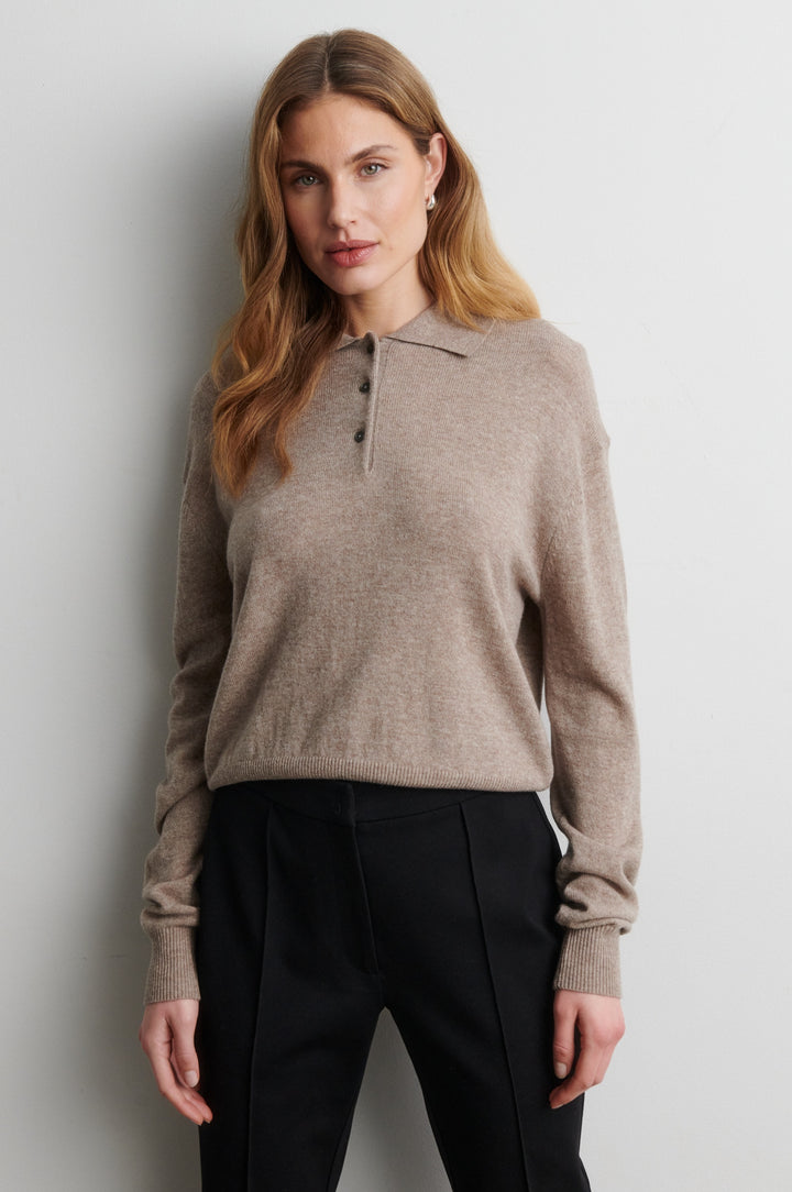 Longo Knit Ls Collar Mid Brown Melange