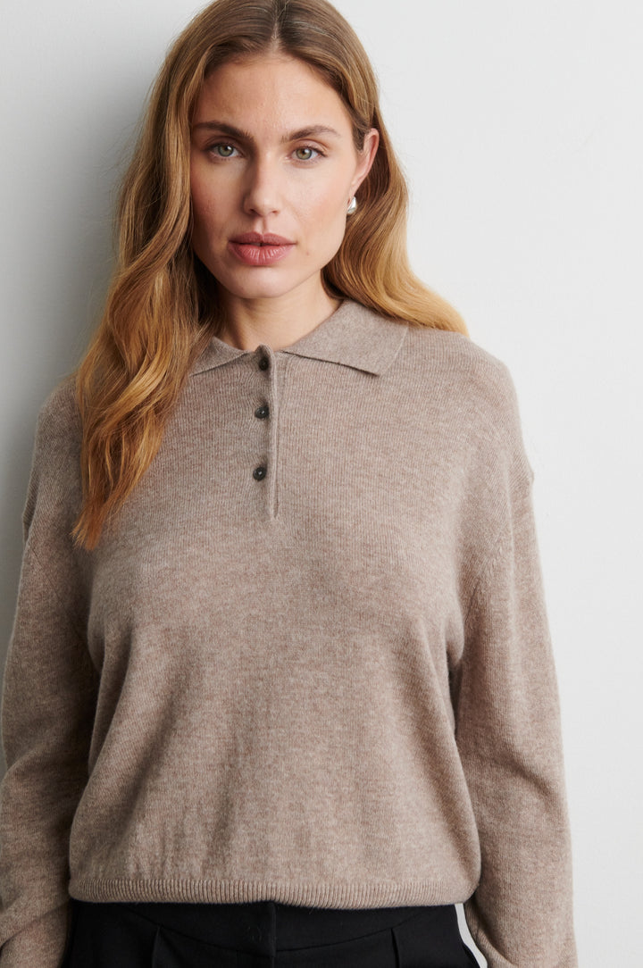 Longo Knit Ls Collar Mid Brown Melange