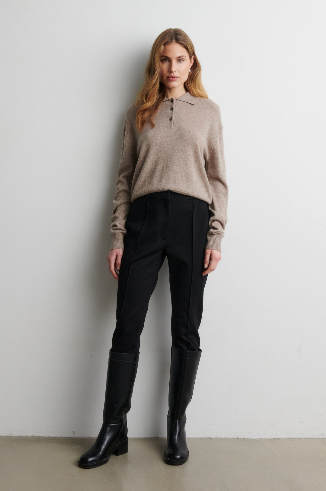 Longo Knit Ls Collar Mid Brown Melange