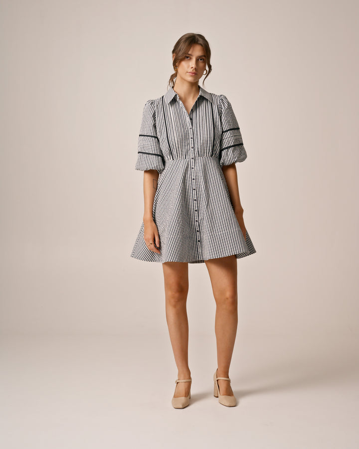 Seersucker Decorated Dress Navy Checks
