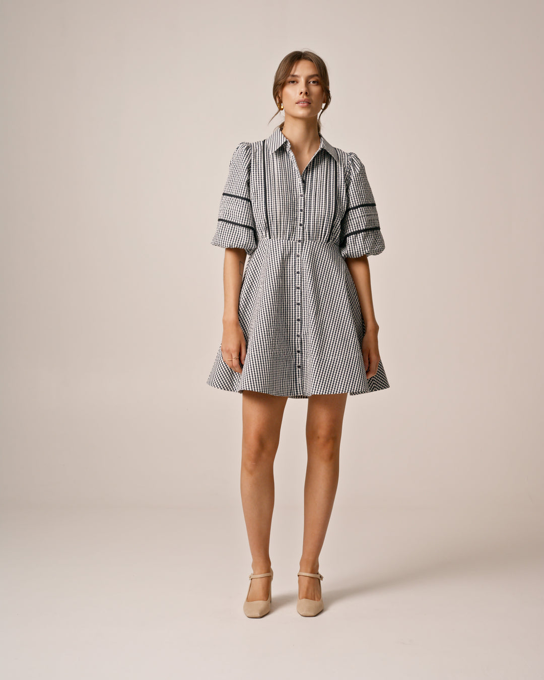Seersucker Decorated Dress Navy Checks