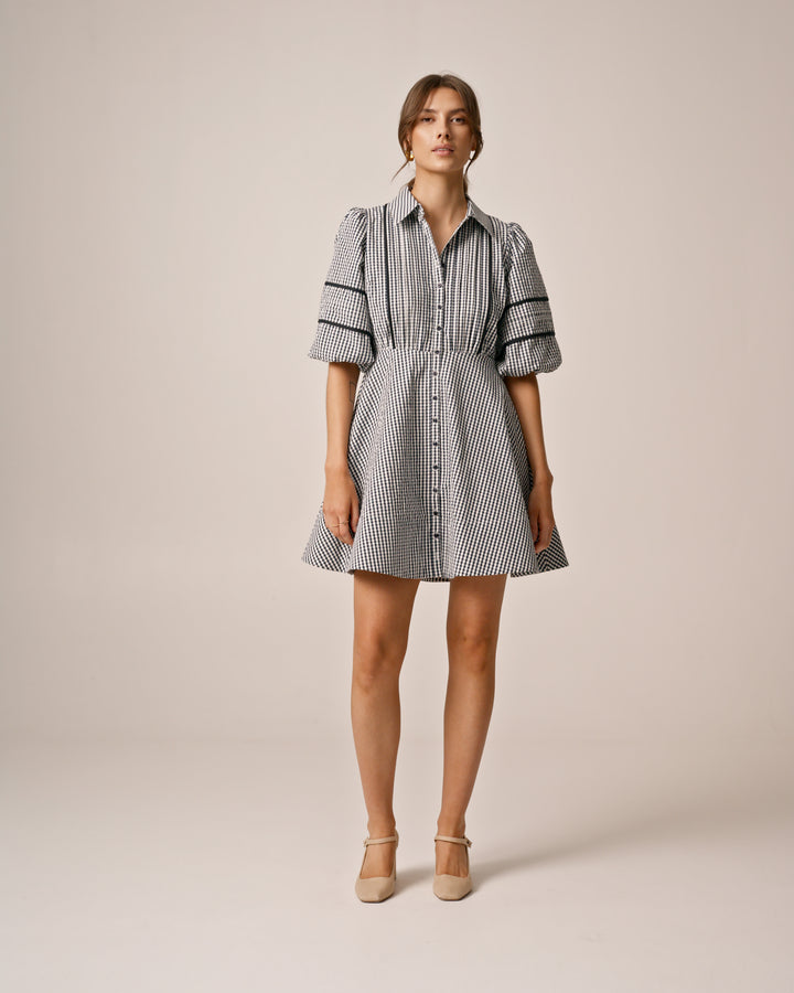 Seersucker Decorated Dress Navy Checks