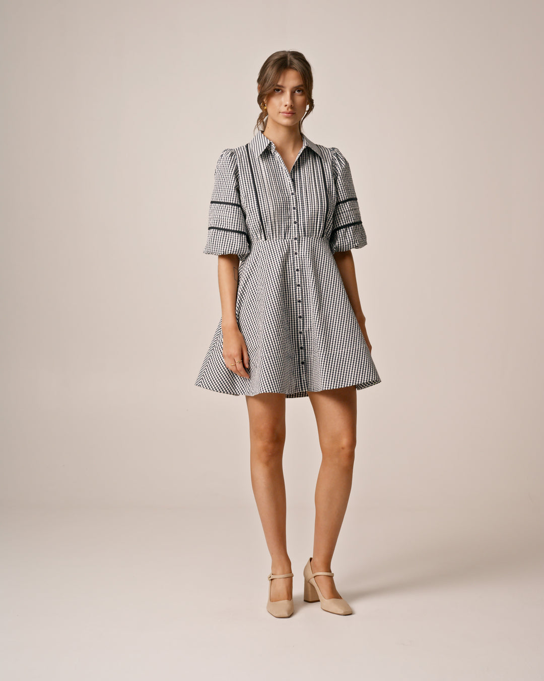 Seersucker Decorated Dress Navy Checks