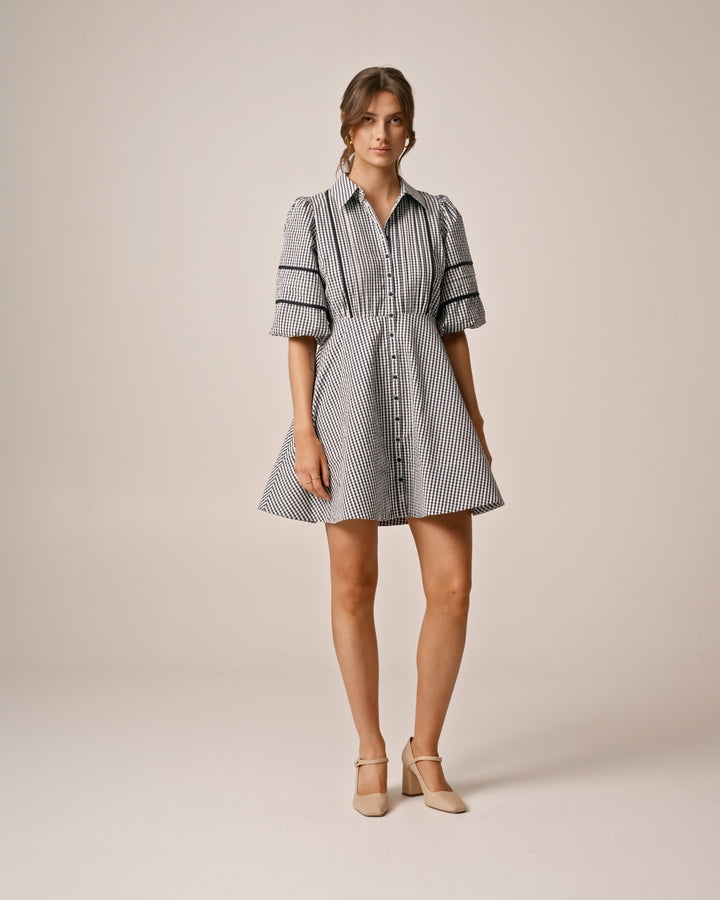 Seersucker Decorated Dress Navy Checks
