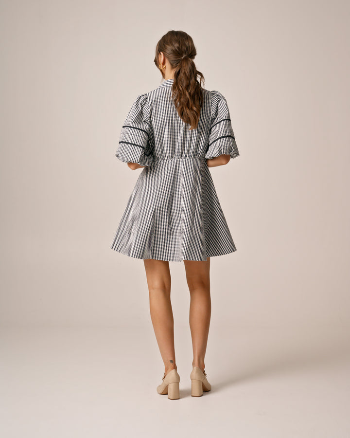 Seersucker Decorated Dress Navy Checks