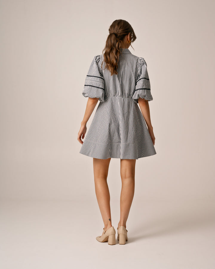 Seersucker Decorated Dress Navy Checks