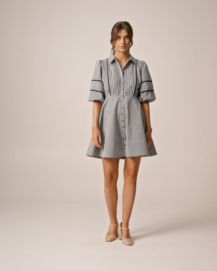 Seersucker Decorated Dress Navy Checks