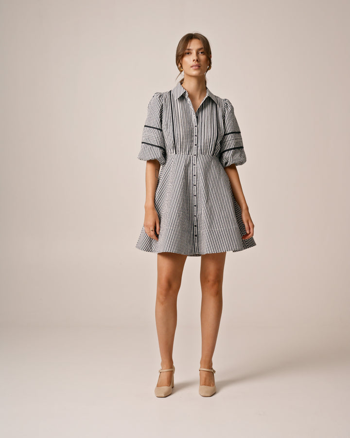 Seersucker Decorated Dress Navy Checks