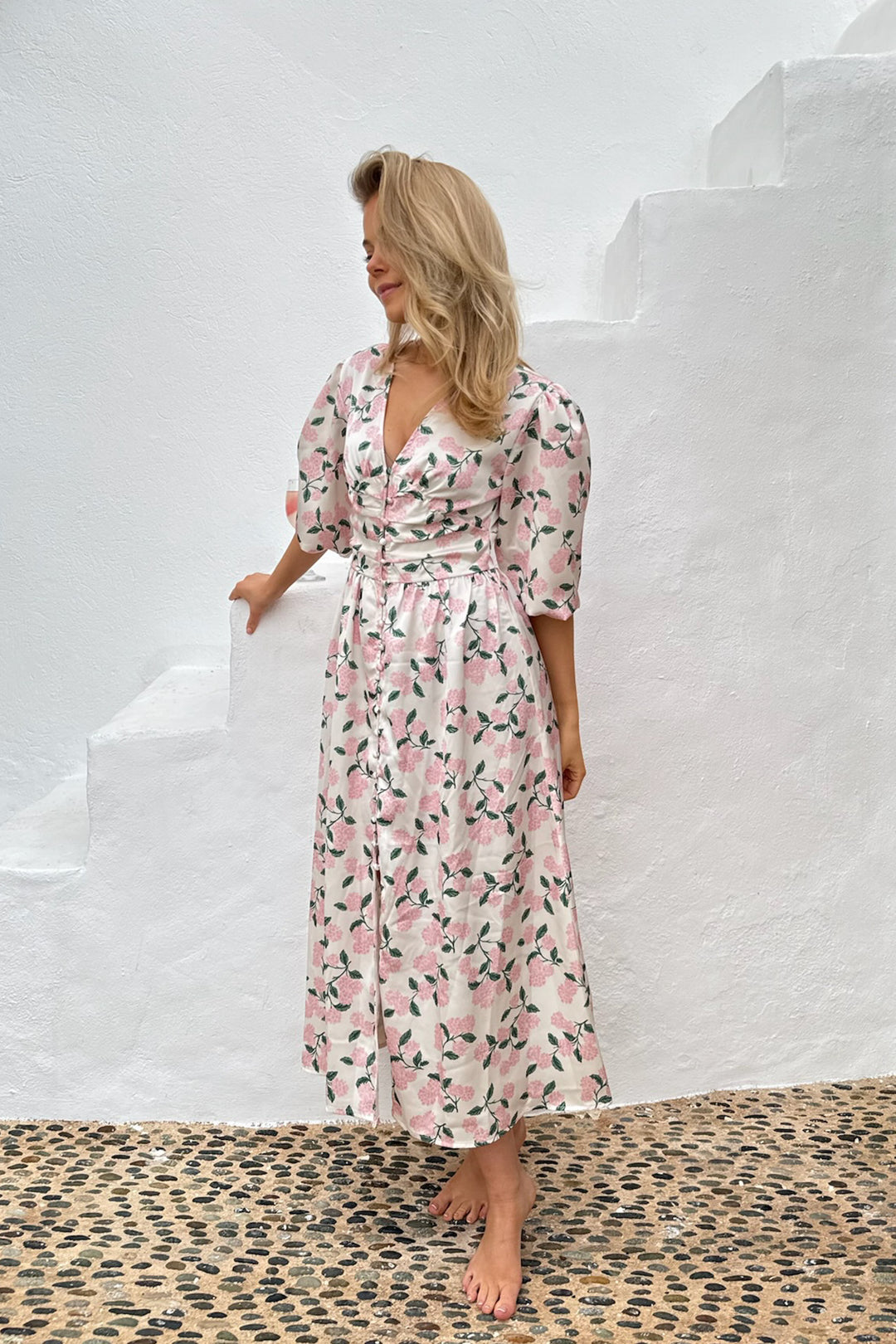 Adel Long Dress Pink Hydrangea Print