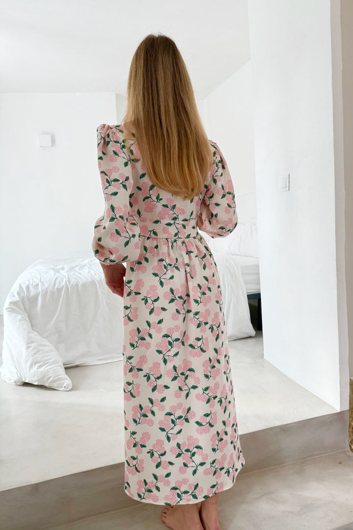 Adel Long Dress Pink Hydrangea Print