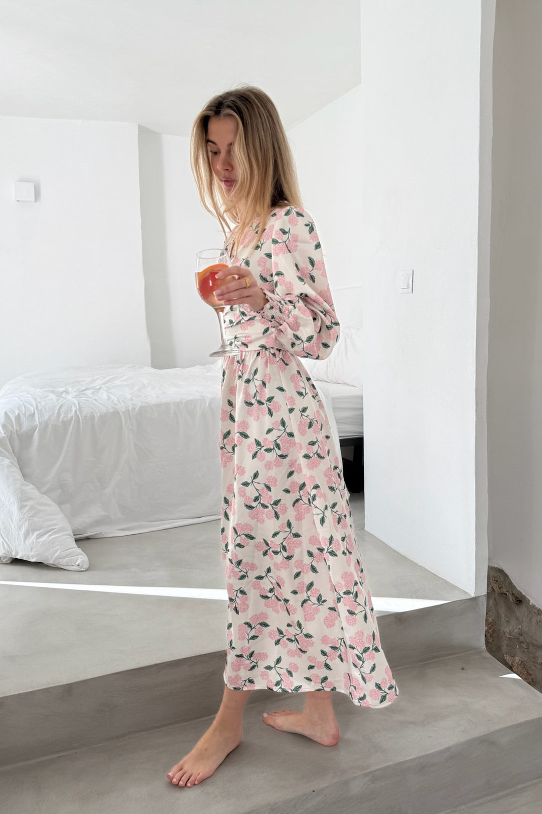 Adel Long Dress Pink Hydrangea Print