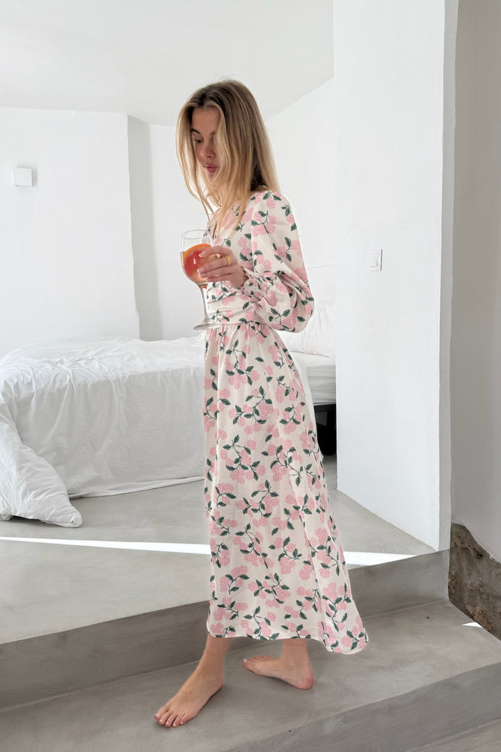 Adel Long Dress Pink Hydrangea Print
