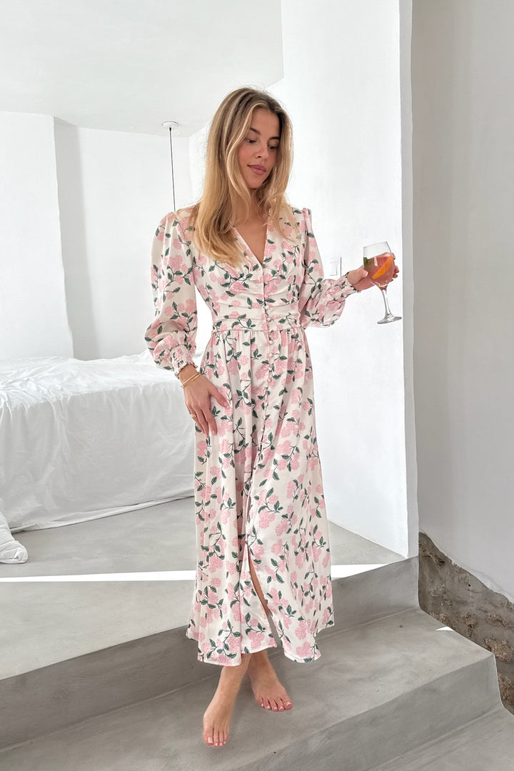 Adel Long Dress Pink Hydrangea Print