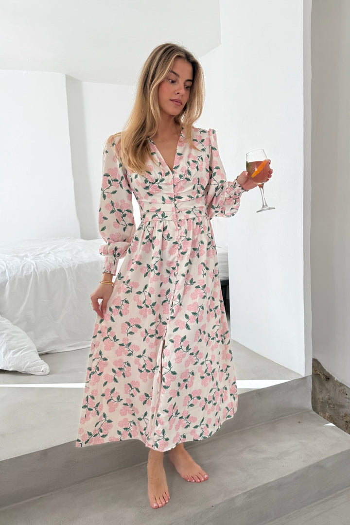 Adel Long Dress Pink Hydrangea Print