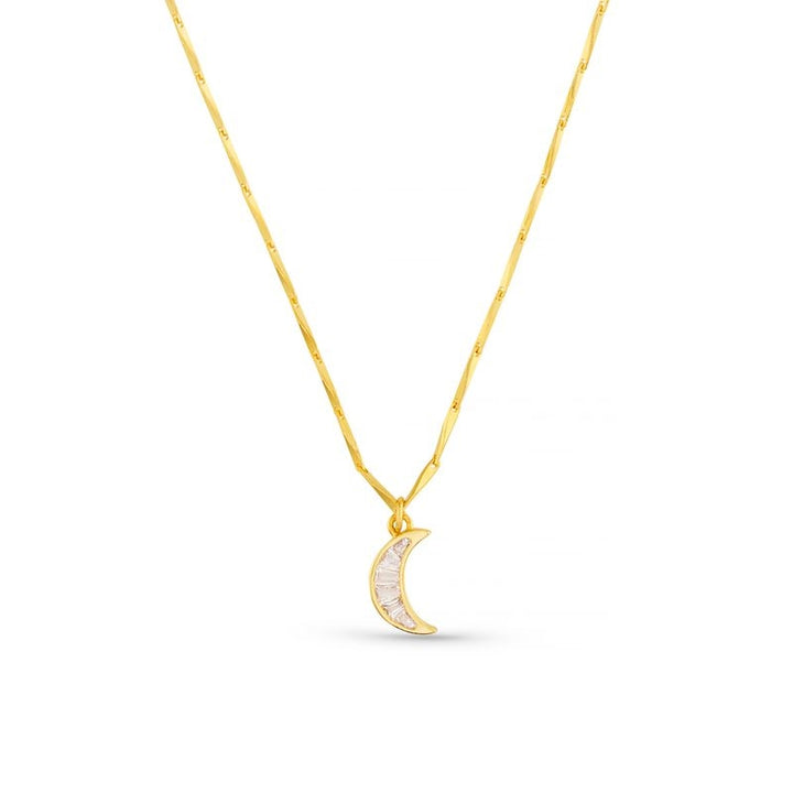 Crystal Baguette Moon Charm Necklace Pale Gold