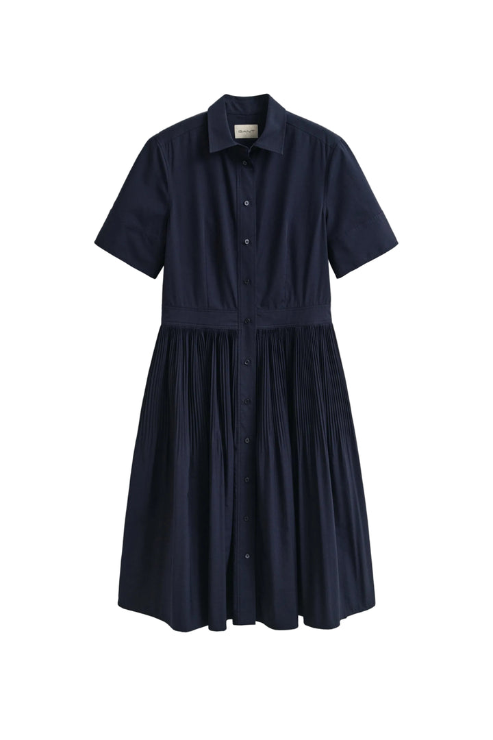Ctn Pleated Ss Shirt Dress Evening Blue
