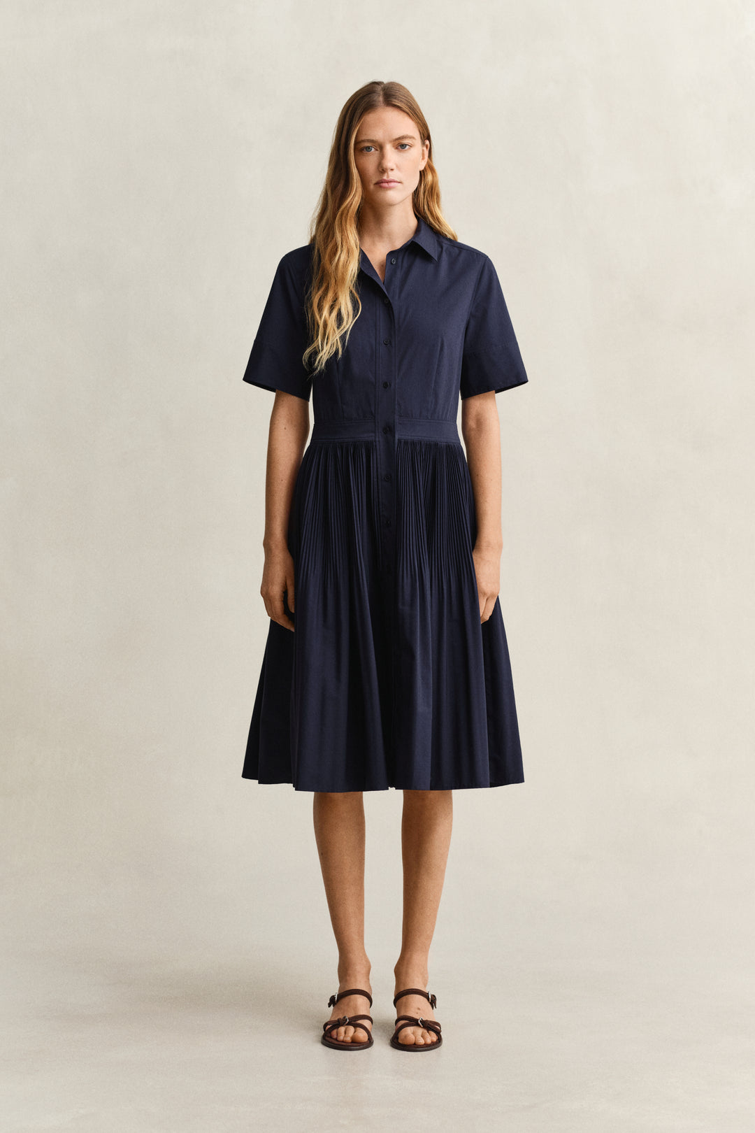 Ctn Pleated Ss Shirt Dress Evening Blue