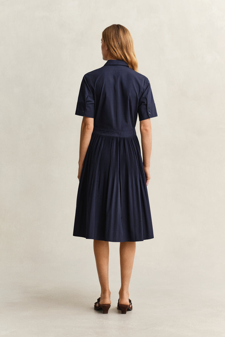 Ctn Pleated Ss Shirt Dress Evening Blue