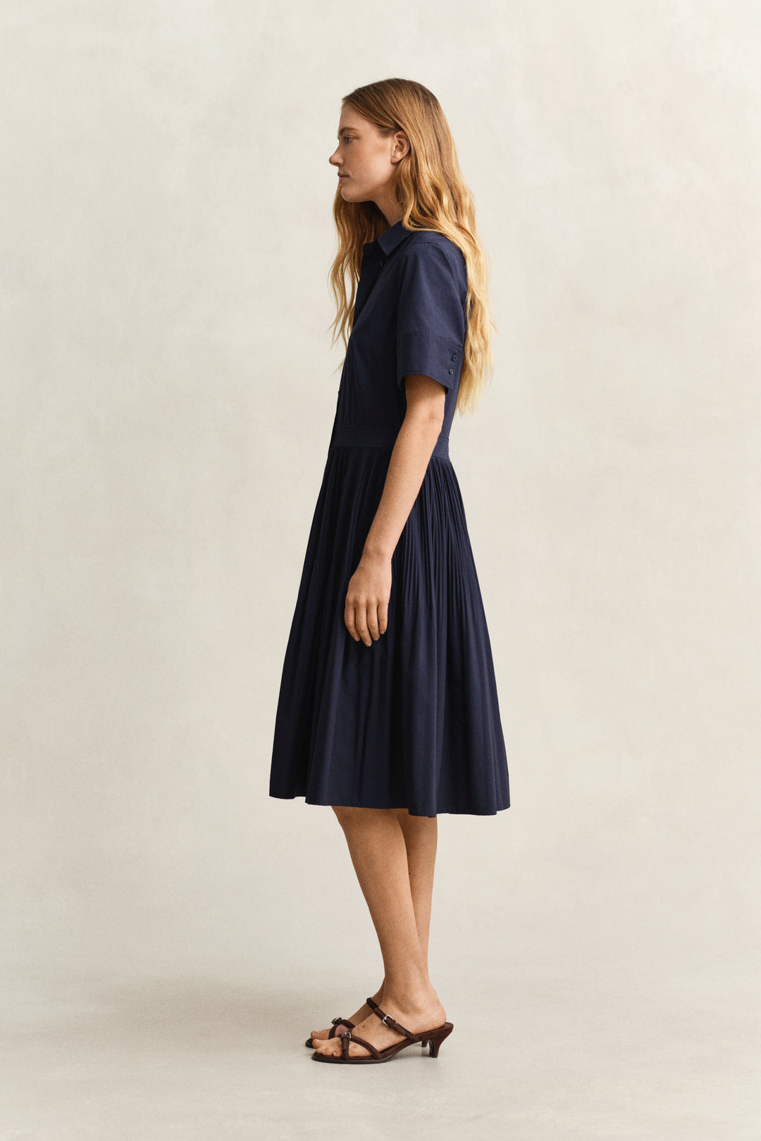 Ctn Pleated Ss Shirt Dress Evening Blue