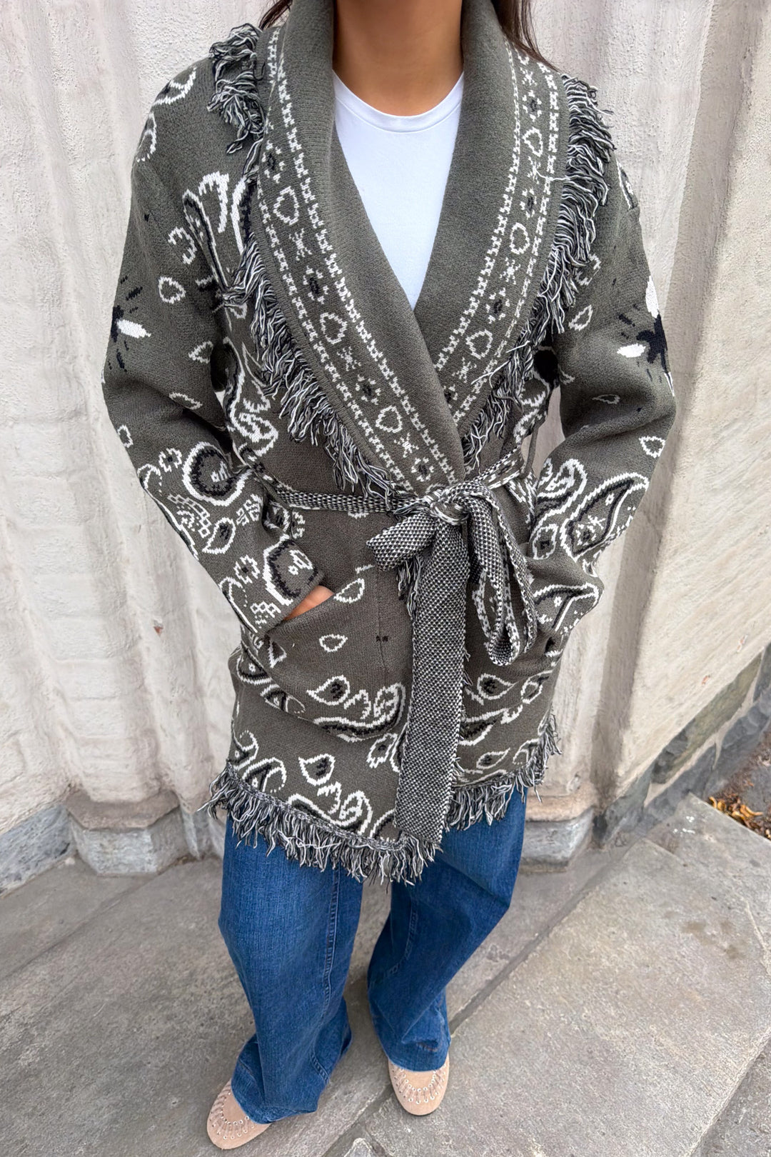 Paisley Frill Cardigan Khaki