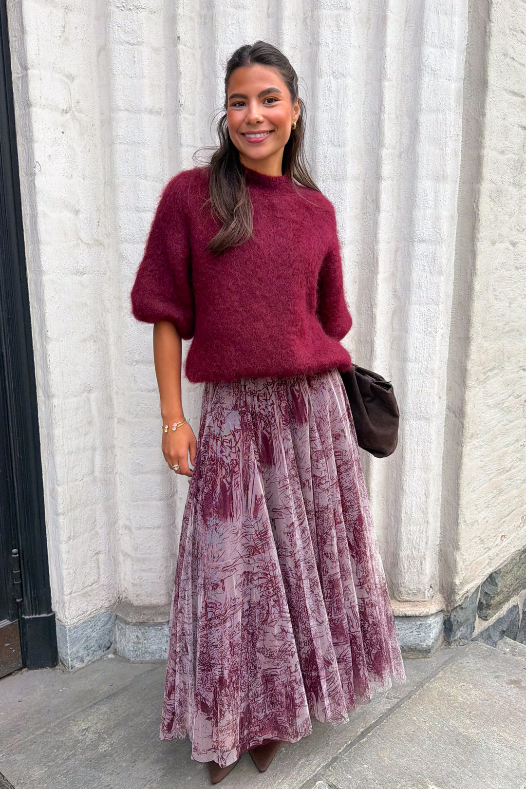 Tyll Print Midi Skirt Bordeaux