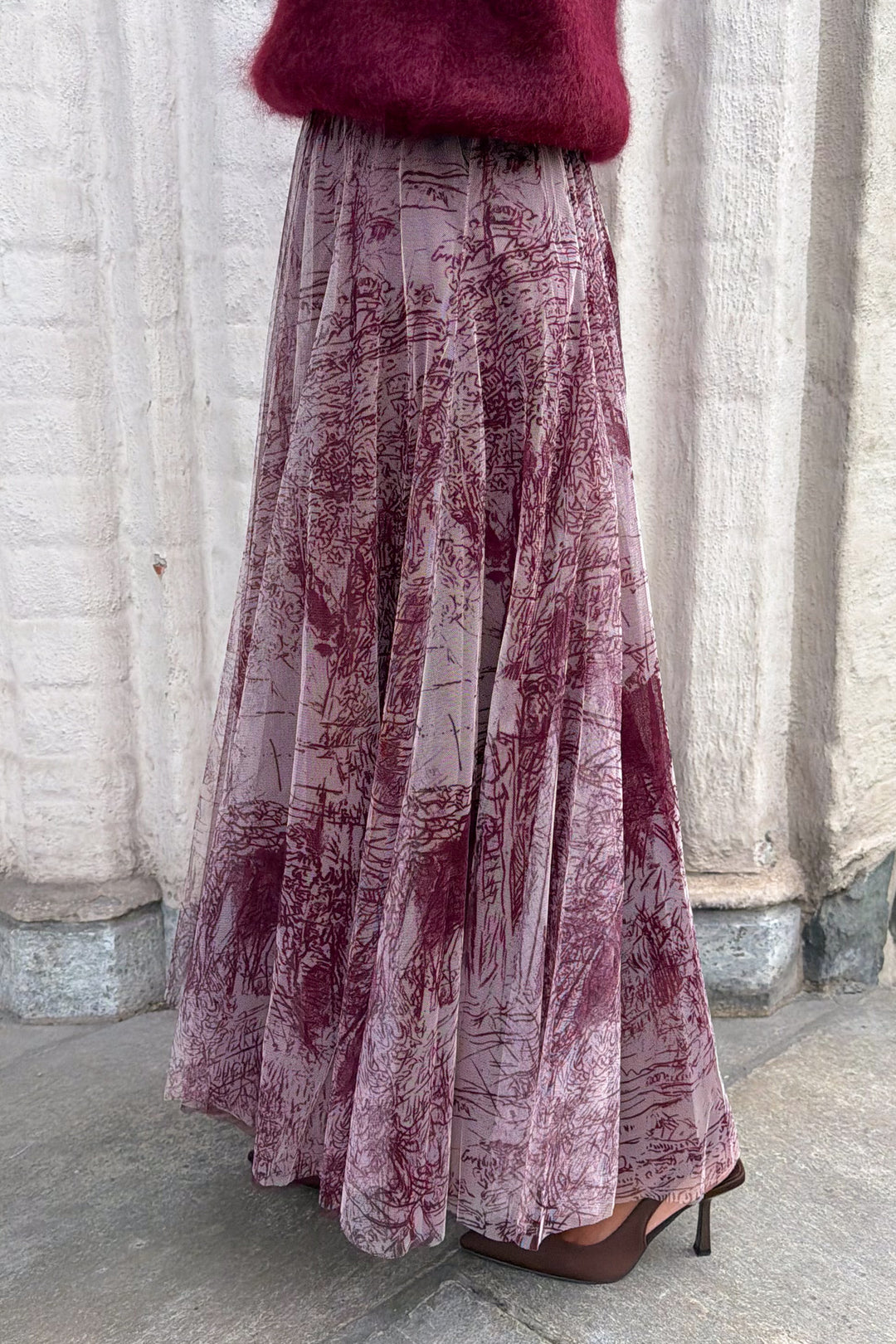 Tyll Print Midi Skirt Bordeaux