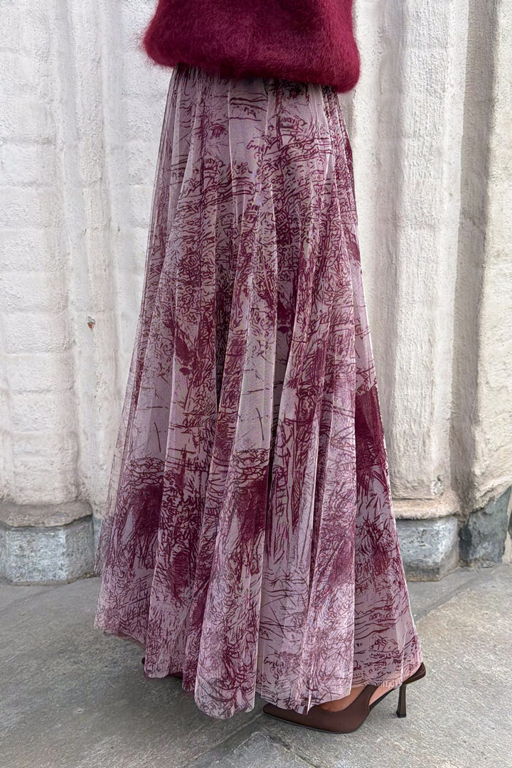 Tyll Print Midi Skirt Bordeaux