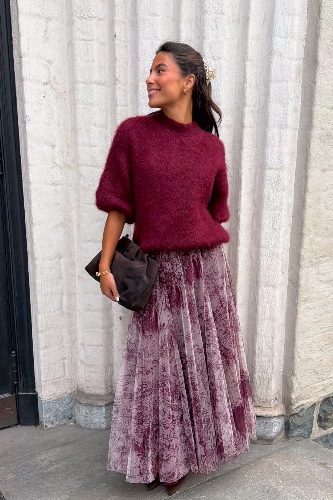 Tyll Print Midi Skirt Bordeaux