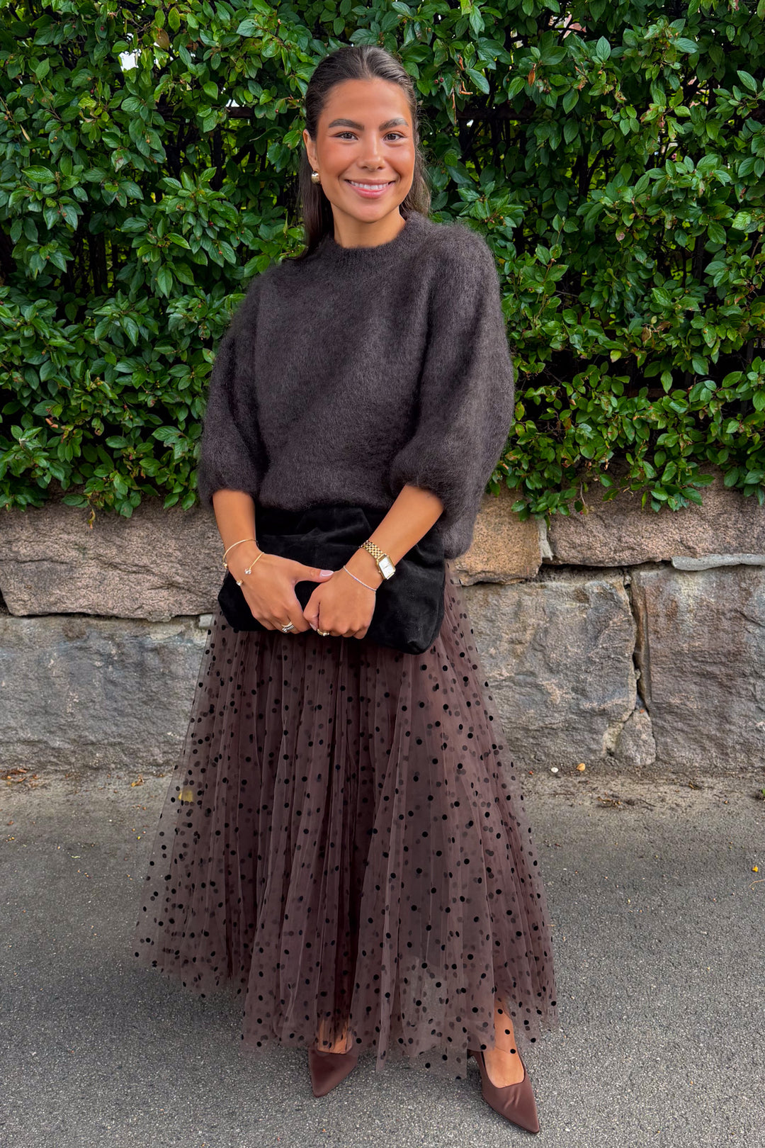 Polka Dot Midi Skirt Choco