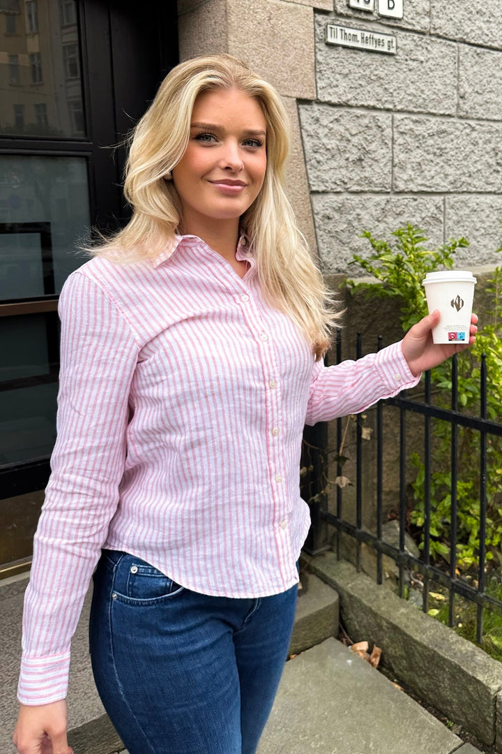 Regular Fit Striped Linen Shirt Geranium Pink