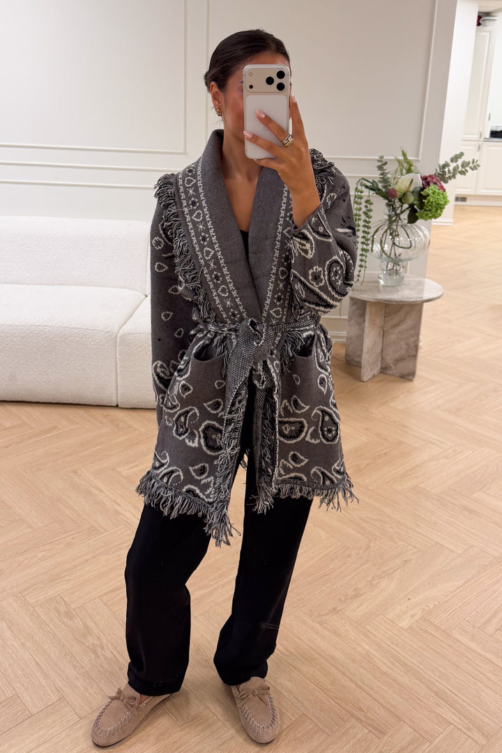 Paisley Frill Cardigan Grey
