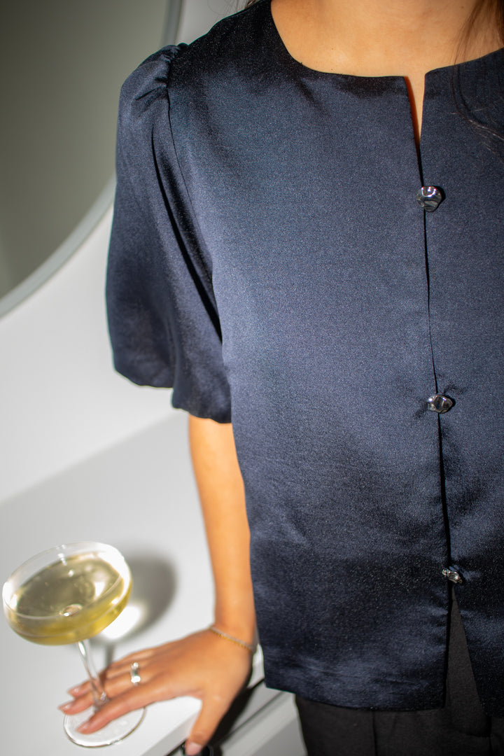 Aisa Dull Satin Blouse Navy